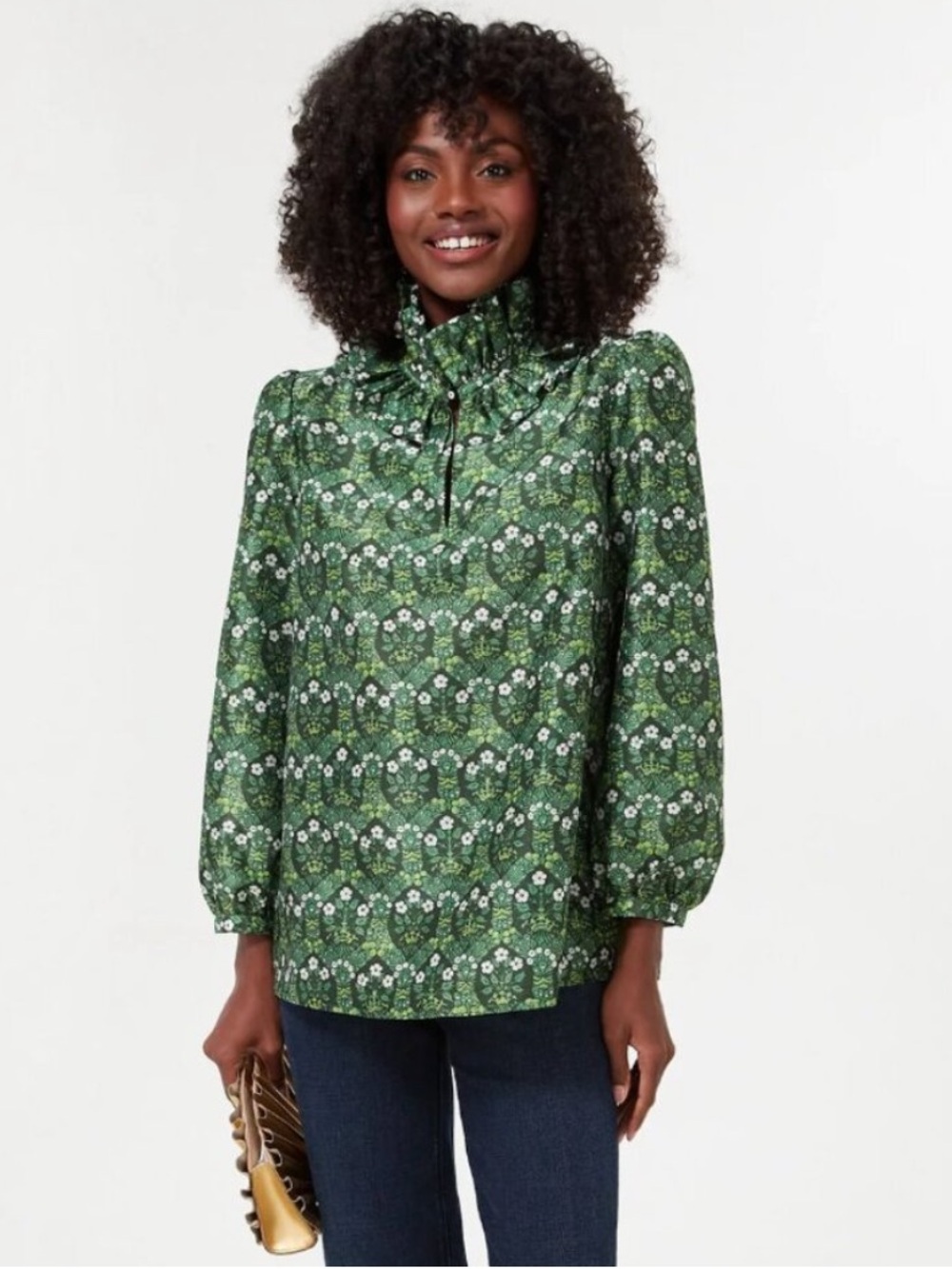 Tuckernuck Dandelion Daze Green Bouvier Blouse Ruffle Neck Career Top Size XS